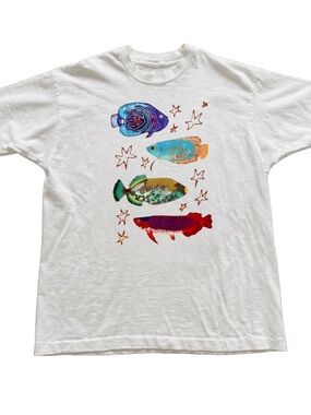White Tee with Colorful Stacked Fish Graphic